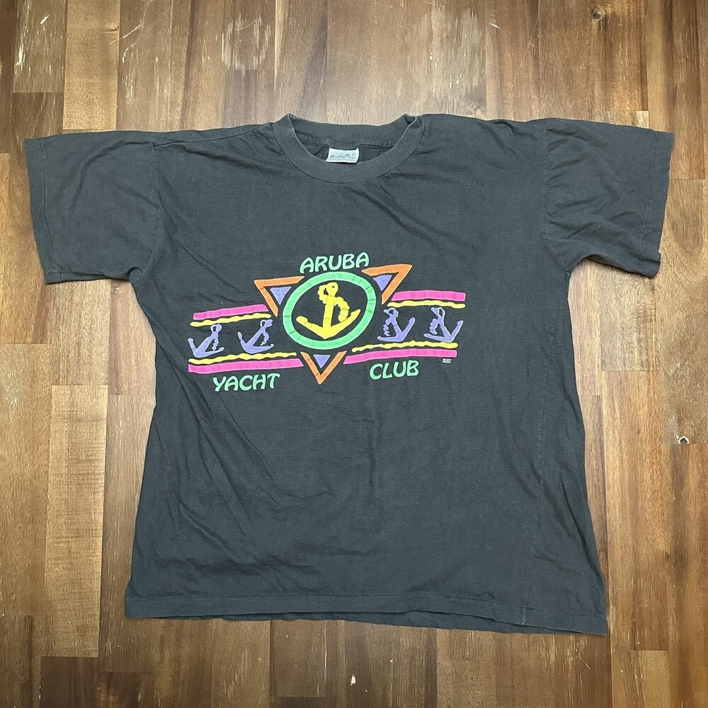 Vintage Aruba Yacht Club Shirt Mens XL (Fits Large) Black Neon Tourist 80s 90s